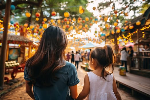 Mom and daughter in an amusement park in summer.