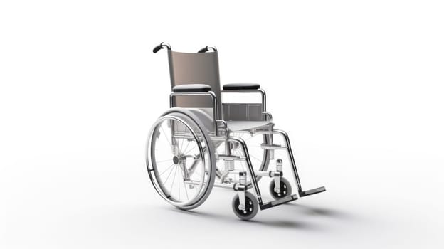 Empty medical wheelchair for invalid patient on white empty background. Hospital health care support.