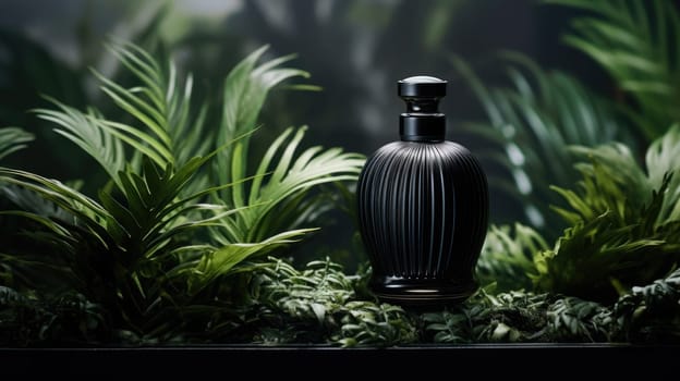 Transparent black glass perfume bottle mockup with plants on background. Eau de toilette. Mockup, spring flat lay