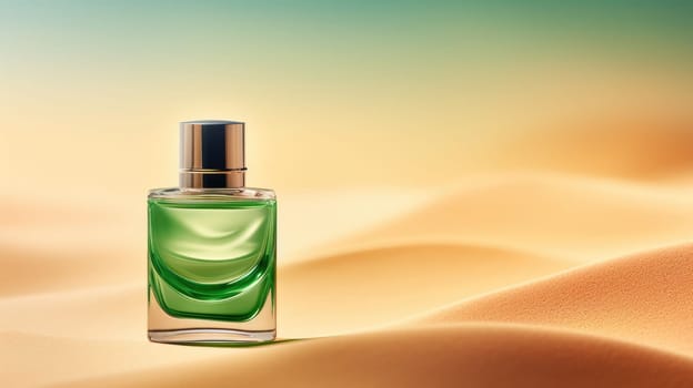 Transparent green glass perfume bottle mockup with sandy background. Eau de toilette. Mockup, spring flat lay