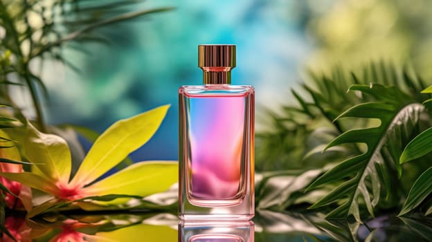 Transparent rainbow glass perfume bottle mockup with plants on background. Eau de toilette. Mockup, spring flat lay