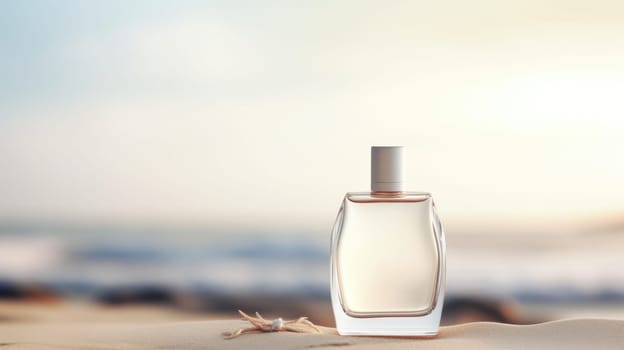 Transparent white glass perfume bottle mockup with sandy beach and ocean waves on background. Eau de toilette. Mockup, spring flat lay