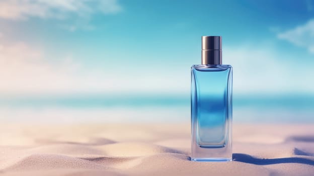 Transparent blue glass perfume bottle mockup with sandy beach and ocean waves on background. Eau de toilette. Mockup, spring flat lay
