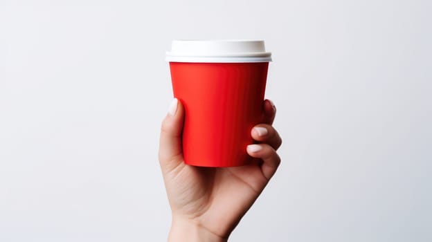Hand holding red disposable take out coffee cup on white background. Mockup, space for text
