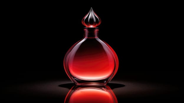 Transparent red and black glass perfume bottle mockup on minimalist dark background. Eau de toilette. Mockup, spring flat lay
