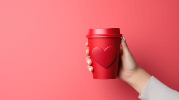 Hand holding red disposable take out coffee cup with red heart on white background. Mockup for Valentine's Day