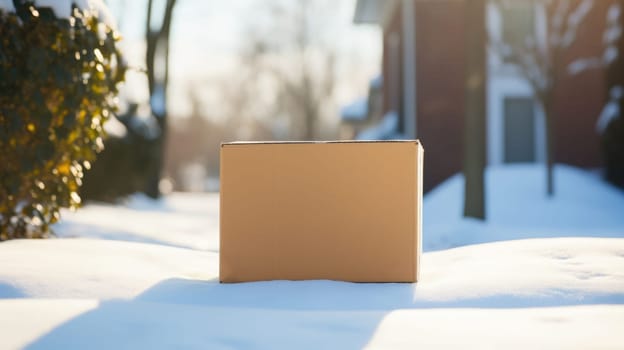 Delivered parcel box on door mat near winter snow entrance. Christmas online shopping. Black Friday sale