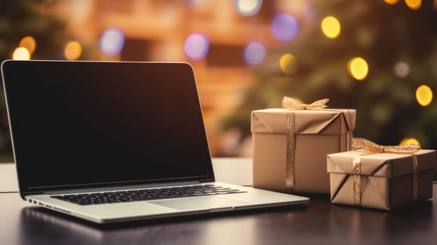 Delivered parcel box on table with laptop blurred home background. Christmas Online shopping. Black Friday sale