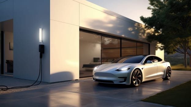 Generic electric vehicle EV hybrid car is being charged from wall charger on contemporary modern residential building house.