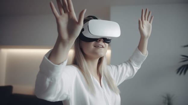 Happy woman with VR glasses of virtual reality. Future technology concept