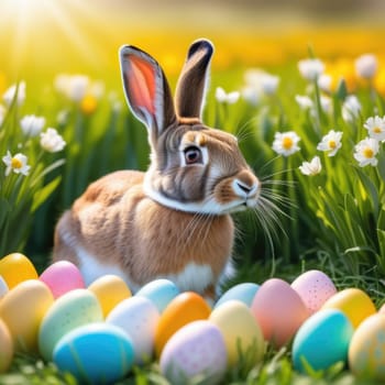 Holiday celebration banner with cute Easter bunny with decorated eggs and spring flowers on green spring meadow. Rabbit in landscape. Happy Easter greeting card, banner, festive background. Copy space