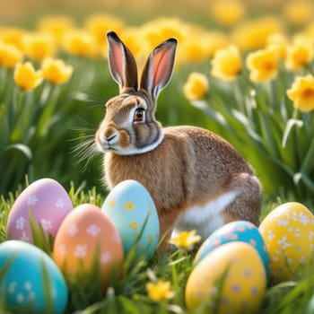 Holiday celebration banner with cute Easter bunny with decorated eggs and spring flowers on green spring meadow. Rabbit in landscape. Happy Easter greeting card, banner, festive background. Copy space