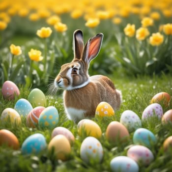 Holiday celebration banner with cute Easter bunny with decorated eggs and spring flowers on green spring meadow. Rabbit in landscape. Happy Easter greeting card, banner, festive background. Copy space