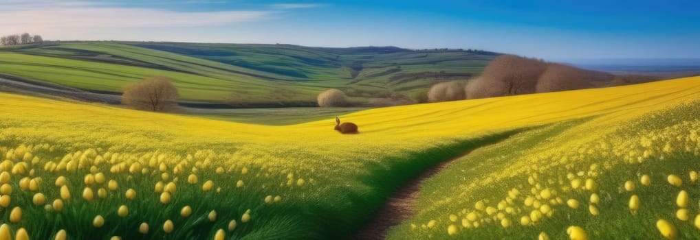 Holiday celebration banner with cute Easter bunny with decorated eggs and spring flowers on green spring meadow. Rabbit in landscape. Happy Easter greeting card, banner, festive background. Copy space