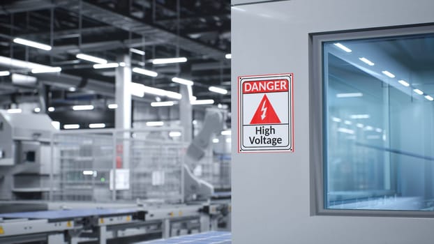 High voltage danger sign on interior wall next to safety glass in factory used to produce solar panels. Safety measures stickers in warehouse manufacturing photovoltaics, 3D illustration