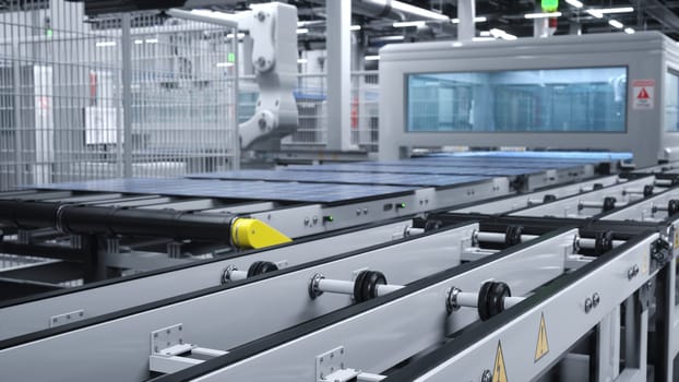 Automatized robotic arms in cutting edge solar panel warehouse handling photovoltaic modules on assembly lines. Company manufacturing solar cells in green technology facility, 3D illustration