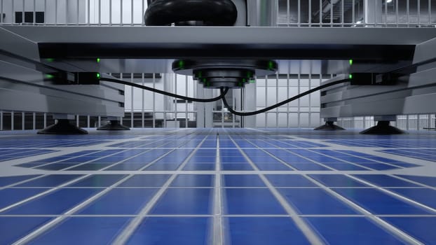 POV of solar panel placed on conveyor belt, operated by robotic arm, moving around facility, 3D rendering. Close up shot of photovoltaic cell produced in high tech modern manufacturing warehouse