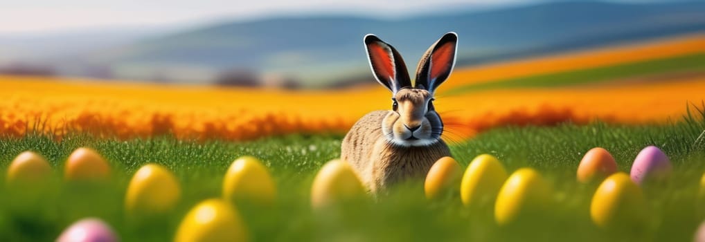 Holiday celebration banner with cute Easter bunny with decorated eggs and spring flowers on green spring meadow. Rabbit in landscape. Happy Easter greeting card, banner, festive background. Copy space