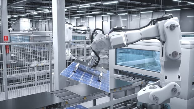 Autonomous robot arm in cutting edge solar panel factory maneuvering photovoltaic modules. PV cells produced in eco friendly facility with assembly lines, 3D rendering animation