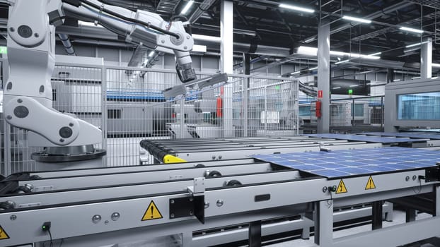 Industrial robotic arms in cutting edge solar panel factory handling photovoltaic modules in high tech automation process. PV cells manufactured in sustainable facility, 3D illustration