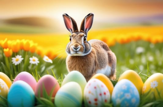 Holiday celebration banner with cute Easter bunny with decorated eggs and spring flowers on green spring meadow. Rabbit in landscape. Happy Easter greeting card, banner, festive background. Copy space