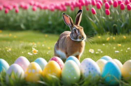 Holiday celebration banner with cute Easter bunny with decorated eggs and spring flowers on green spring meadow. Rabbit in landscape. Happy Easter greeting card, banner, festive background. Copy space