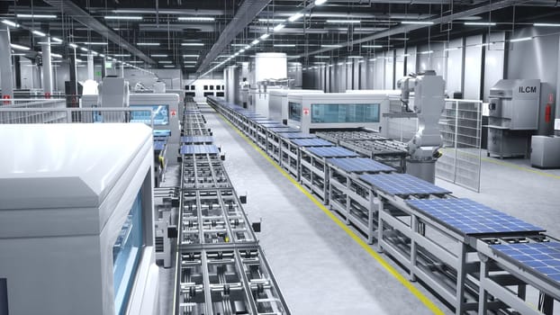 Robotic arms in cutting edge solar panel factory handling photovoltaic modules in high tech automation process. PV cells manufactured in sustainable facility, 3D animation