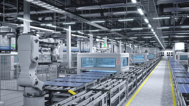 Busy solar panel factory with robotic arms placing photovoltaic modules on conveyor belts, 3D rendering. High tech modern manufacturing warehouse producing solar cells for renewable energy industry