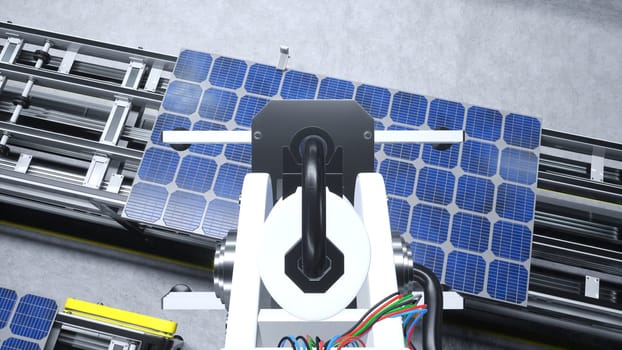 POV shot of industrial robot arm placing solar panel on assembly line in renewable energy based factory, 3D rendering. Heavy machinery unit placing solar cell on conveyor belts