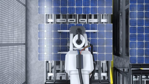 Aerial shot of high tech robotic arm placing solar panel on assembly line in renewable energy factory, 3D illustration. Heavy equipment unit placing photovoltaics on conveyor belts, top view shot