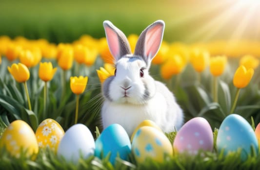 Holiday celebration banner with cute Easter bunny with decorated eggs and spring flowers on green spring meadow. Rabbit in landscape. Happy Easter greeting card, banner, festive background. Copy space
