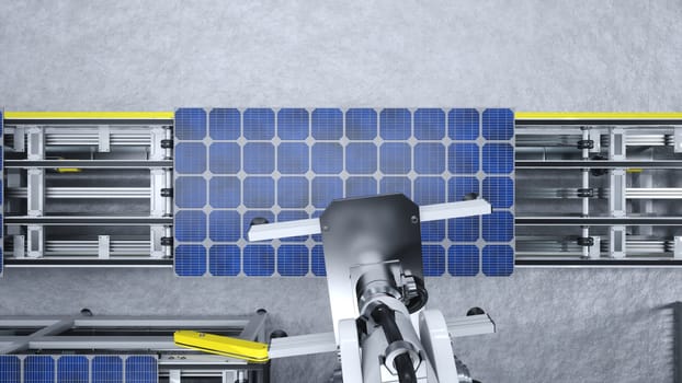 POV shot of high tech robot arm placing solar panel on assembly line in renewable energy based factory, 3D illustration. Heavy equipment unit placing PV cell on conveyor belts, top down shot