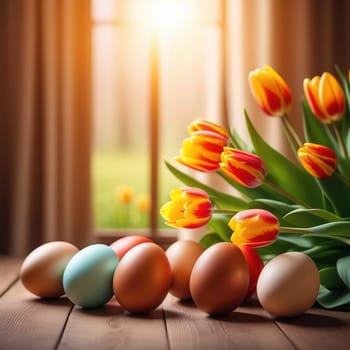 Table with vase of tulips, colorful Easter eggs. Eggs and vase of tulips on kitchen table near window. Happy Easter greeting card, banner, festive background. Blurred background. Copy space
