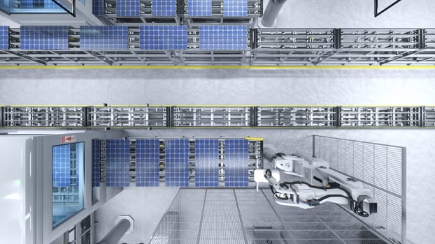 Top down view of solar panels on production lines operated by high tech robot arms in modern sustainable factory, 3D illustration. Aerial shot of PV cells in industrial automated facility