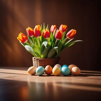Table with vase of tulips, colorful Easter eggs. Eggs and vase of tulips on kitchen table near window. Happy Easter greeting card, banner, festive background. Blurred background. Copy space
