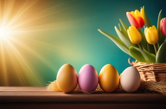 Table with vase of tulips, colorful Easter eggs. Eggs and vase of tulips on kitchen table near window. Happy Easter greeting card, banner, festive background. Blurred background. Copy space