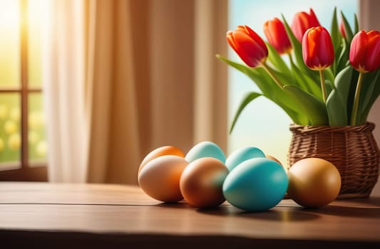 Table with vase of tulips, colorful Easter eggs. Eggs and vase of tulips on kitchen table near window. Happy Easter greeting card, banner, festive background. Blurred background. Copy space