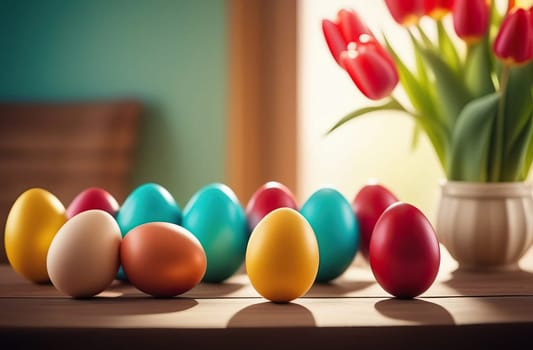 Table with vase of tulips, colorful Easter eggs. Eggs and vase of tulips on kitchen table near window. Happy Easter greeting card, banner, festive background. Blurred background. Copy space