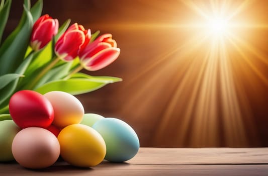 Table with vase of tulips, colorful Easter eggs. Eggs and vase of tulips on kitchen table near window. Happy Easter greeting card, banner, festive background. Blurred background. Copy space