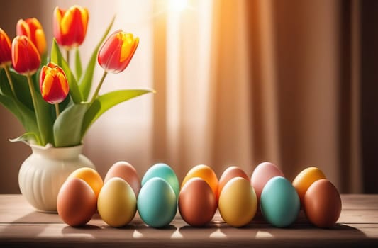 Table with vase of tulips, colorful Easter eggs. Eggs and vase of tulips on kitchen table near window. Happy Easter greeting card, banner, festive background. Blurred background. Copy space