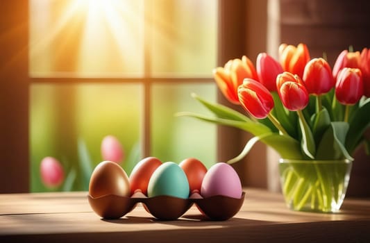 Table with vase of tulips, colorful Easter eggs. Basket of eggs and vase of tulips on kitchen table near window. Happy Easter greeting card, banner, festive background. Blurred background. Copy space