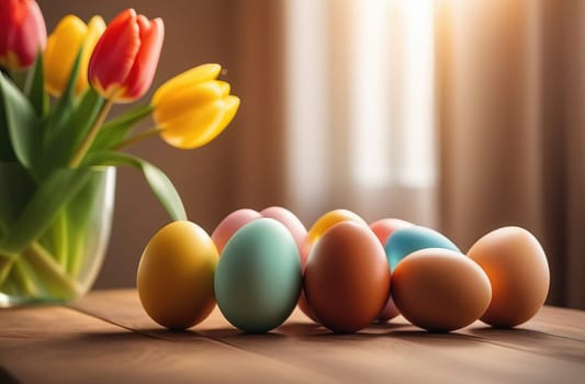 Table with vase of tulips, colorful Easter eggs. Eggs and vase of tulips on kitchen table near window. Happy Easter greeting card, banner, festive background. Blurred background. Copy space