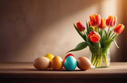 Table with vase of tulips, colorful Easter eggs. Eggs and vase of tulips on kitchen table near window. Happy Easter greeting card, banner, festive background. Blurred background. Copy space