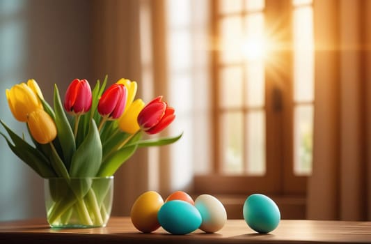 Table with vase of tulips, colorful Easter eggs. Eggs and vase of tulips on kitchen table near window. Happy Easter greeting card, banner, festive background. Blurred background. Copy space