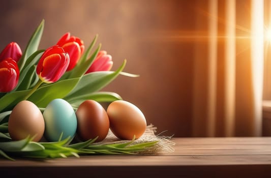 Table with vase of tulips, colorful Easter eggs. Eggs and vase of tulips on kitchen table near window. Happy Easter greeting card, banner, festive background. Blurred background. Copy space