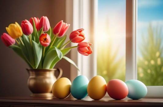 Table with vase of tulips, colorful Easter eggs. Eggs and vase of tulips on kitchen table near window. Happy Easter greeting card, banner, festive background. Blurred background. Copy space