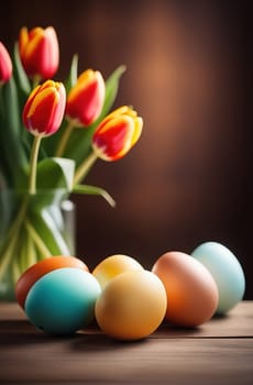 Table with vase of tulips, colorful Easter eggs. Eggs and vase of tulips on kitchen table near window. Happy Easter greeting card, banner, festive background. Blurred background. Copy space