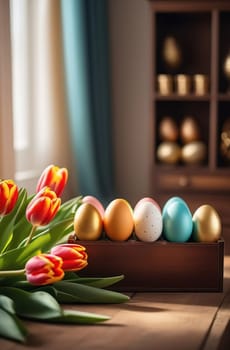 Table with vase of tulips, colorful Easter eggs. Eggs and vase of tulips on kitchen table near window. Happy Easter greeting card, banner, festive background. Blurred background. Copy space
