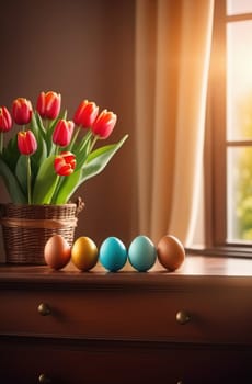 Table with vase of tulips, colorful Easter eggs. Eggs and vase of tulips on kitchen table near window. Happy Easter greeting card, banner, festive background. Blurred background. Copy space
