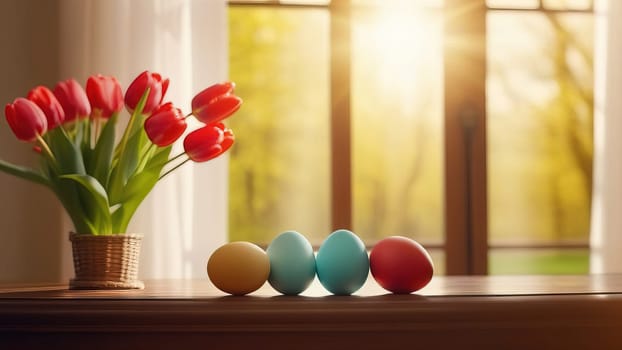 Table with vase of tulips, colorful Easter eggs. Eggs and vase of tulips on kitchen table near window. Happy Easter greeting card, banner, festive background. Blurred background. Copy space